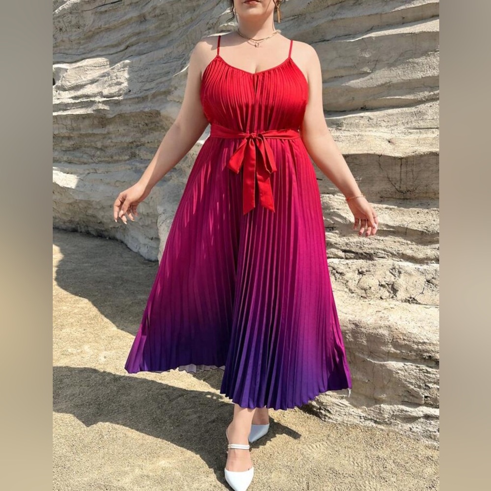 NWOT- Ombre Pleated Hem Belted Cami Dress - 2XL